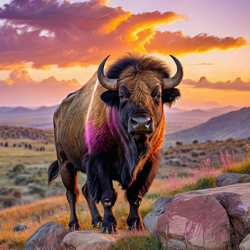 A majestic buffalo standing on a rocky hilltop during a dramatic sunset, with rays of golden light illuminating its fur. The background features a breathtaking landscape of rolling hills and a colorful sky filled with clouds. A close-up perspective captures the charm and strength of the buffalo, while wildflowers add a touch of color in the foreground. hyper-realistic. vibrant colors. picturesque scenery.
