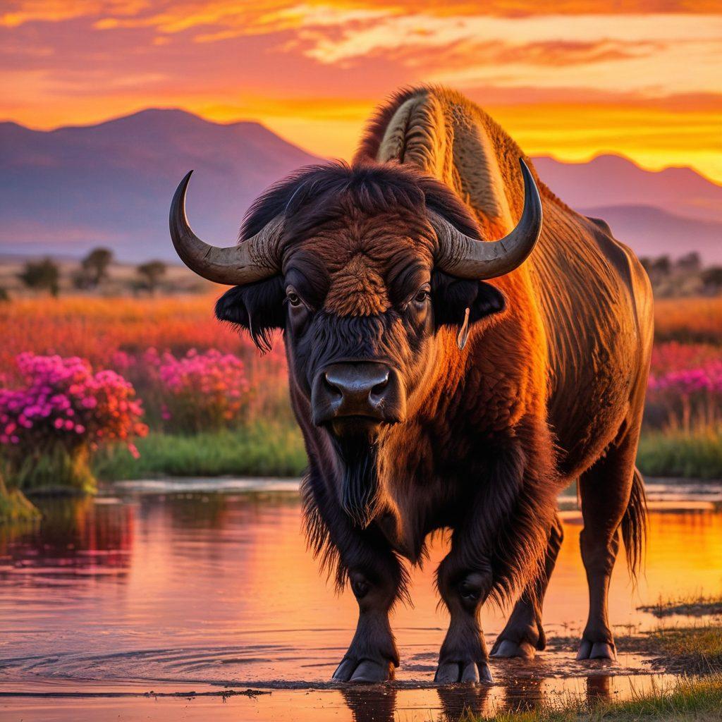 A breathtaking sunset over the Buffalo landscape, blending rolling hills and sparkling water, complemented by a charming portrait of a majestic buffalo in the foreground, its fur glowing in the warm light. Capture the serene beauty of nature while highlighting the personality of the buffalo. super-realistic. vibrant colors. stunning contrast.